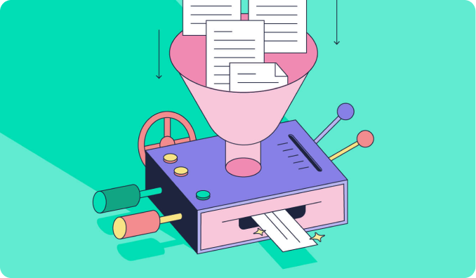 Illustration of a machine with many papers being fed into the top and one lined sheet of paper being produced.